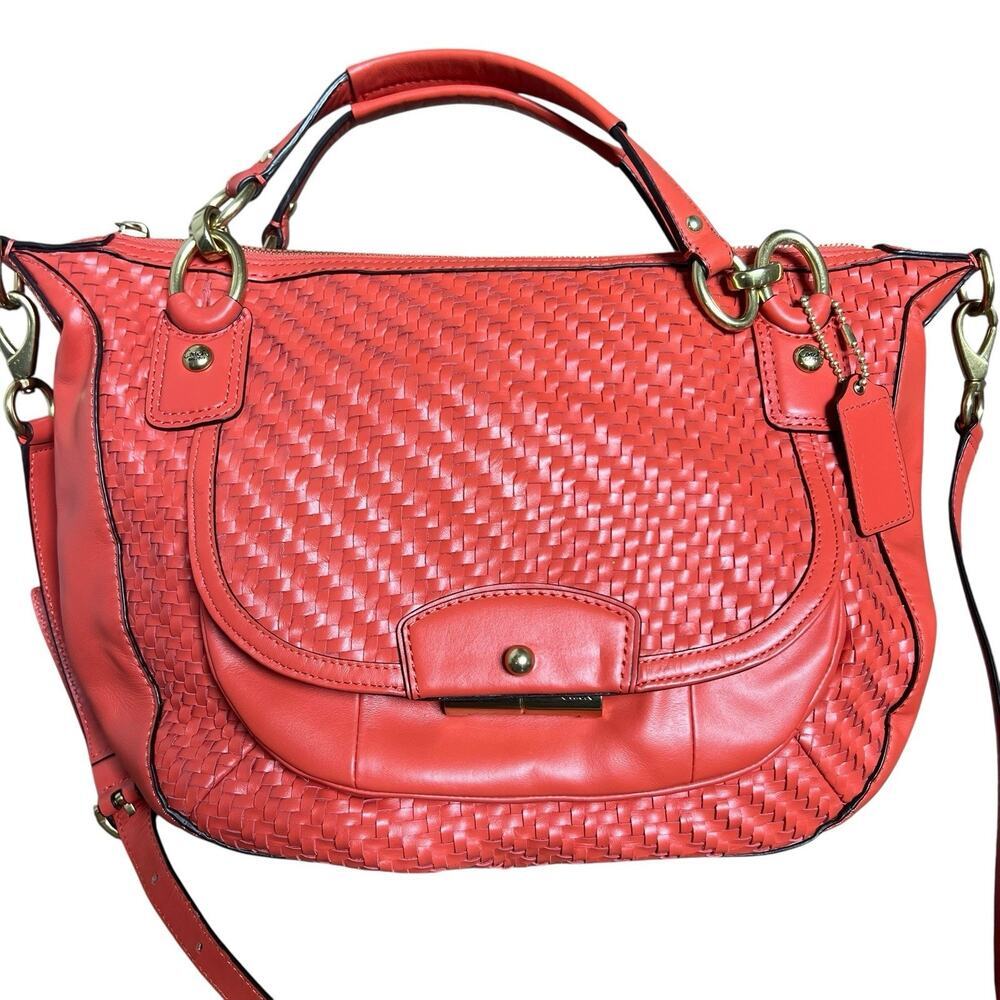 Coach Kristin Orange Woven Leather Double Handles Satchel Shoulder Bag